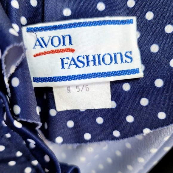 Vintage 70s Avon Fashion S Navy White Polka Dot Ruffle Sleeveless Sheath Dress - Picture 9 of 10
